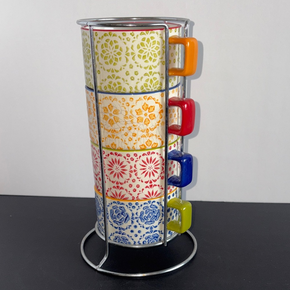Pier 1 Stoneware Mug Set With Metal Stand Hand Painted